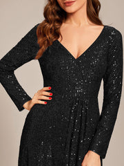 Enchanting Sequin Long Sleeves V-Neck Evening Dress with Slit