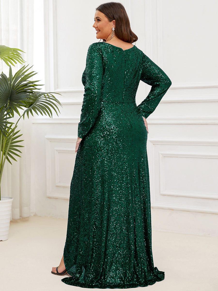 Elegant Plus Size Sequin V-Neck Evening Dress with Long Sleeves