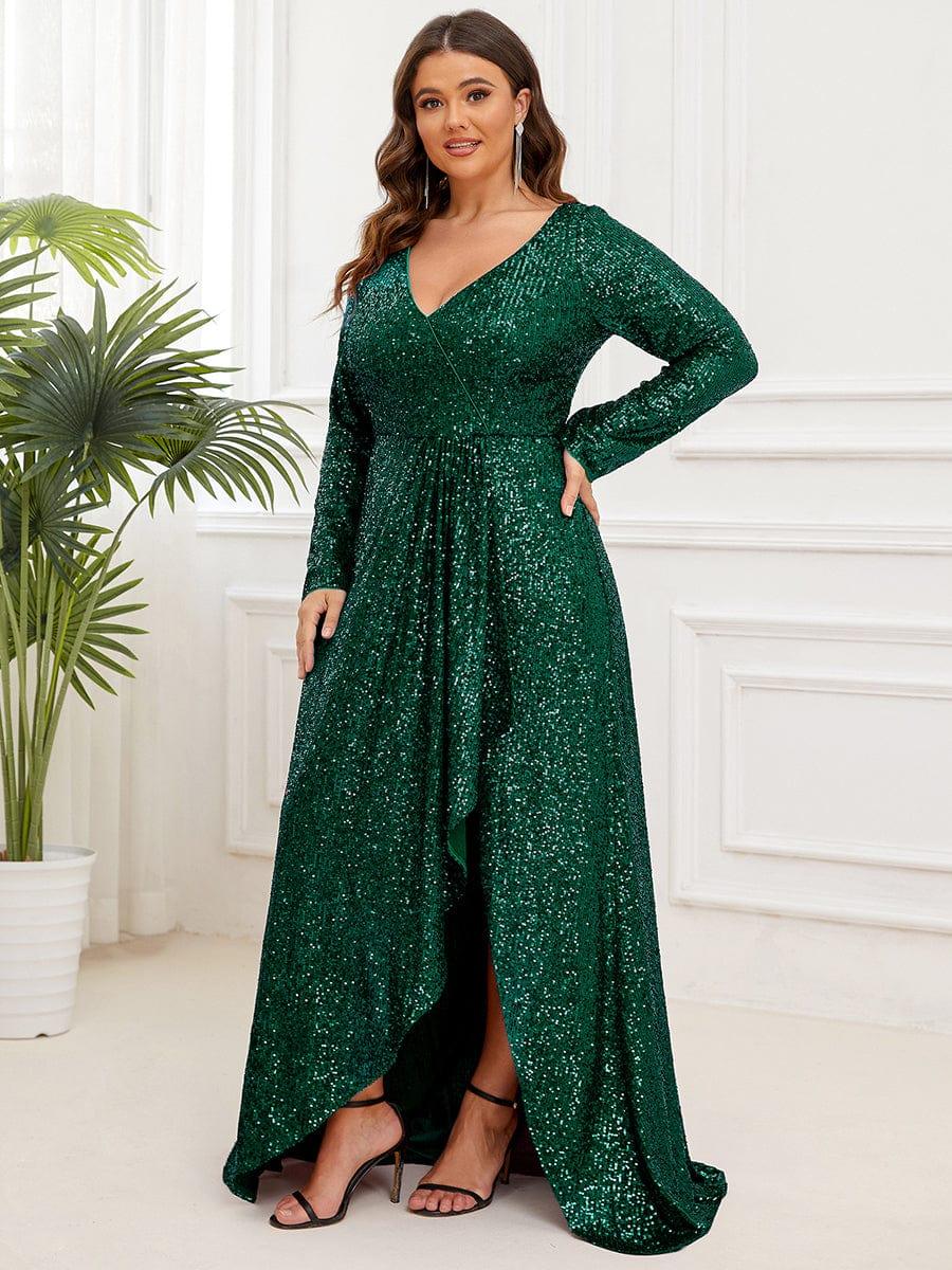 Elegant Plus Size Sequin V-Neck Evening Dress with Long Sleeves