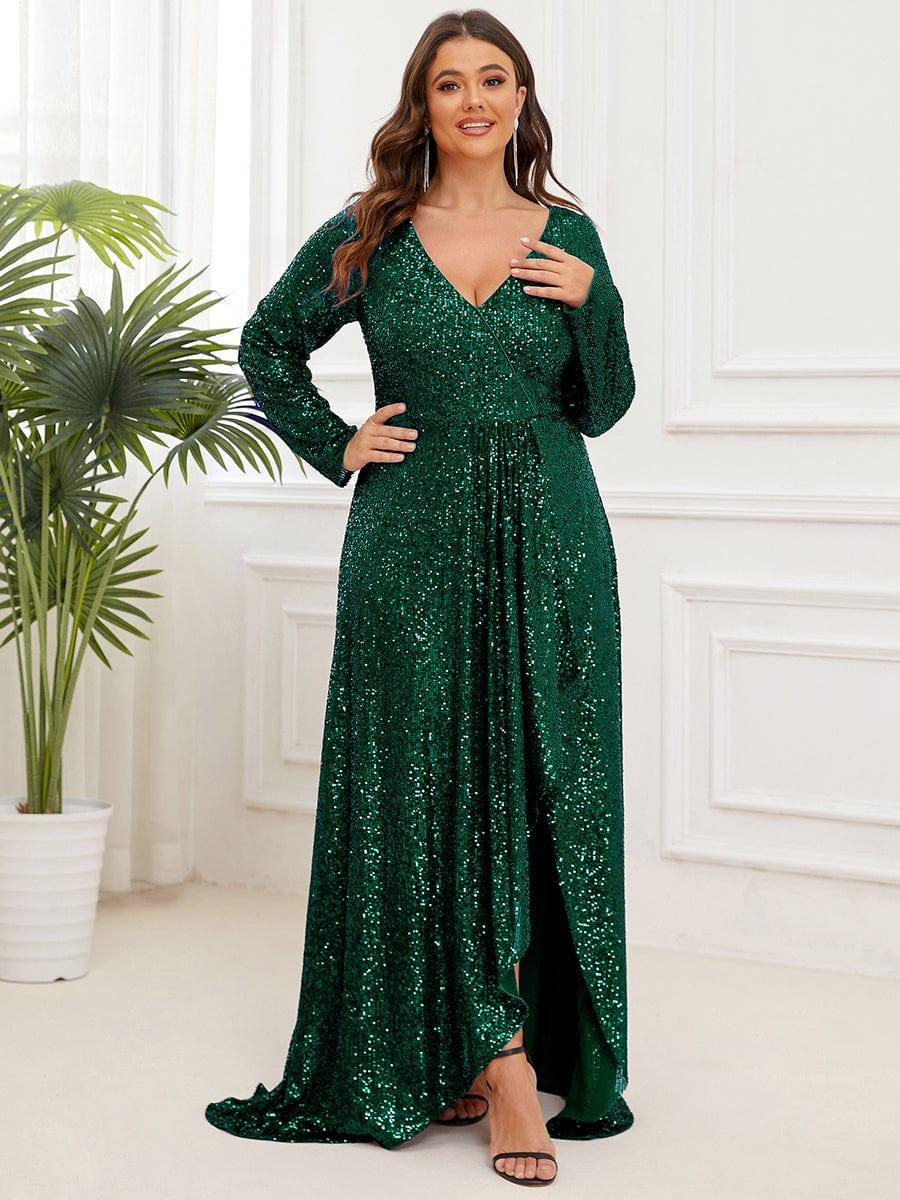 Elegant Plus Size Sequin V-Neck Evening Dress with Long Sleeves