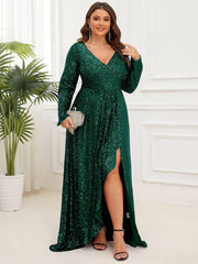 Elegant Plus Size Sequin V-Neck Evening Dress with Long Sleeves