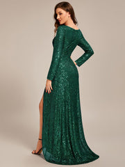 Enchanting Sequin Long Sleeves V-Neck Evening Dress with Slit