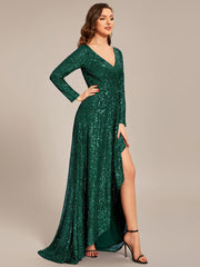 Enchanting Sequin Long Sleeves V-Neck Evening Dress with Slit