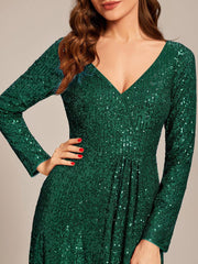Enchanting Sequin Long Sleeves V-Neck Evening Dress with Slit