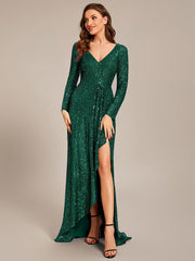 Enchanting Sequin Long Sleeves V-Neck Evening Dress with Slit