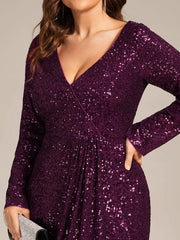Elegant Plus Size Sequin V-Neck Evening Dress with Long Sleeves