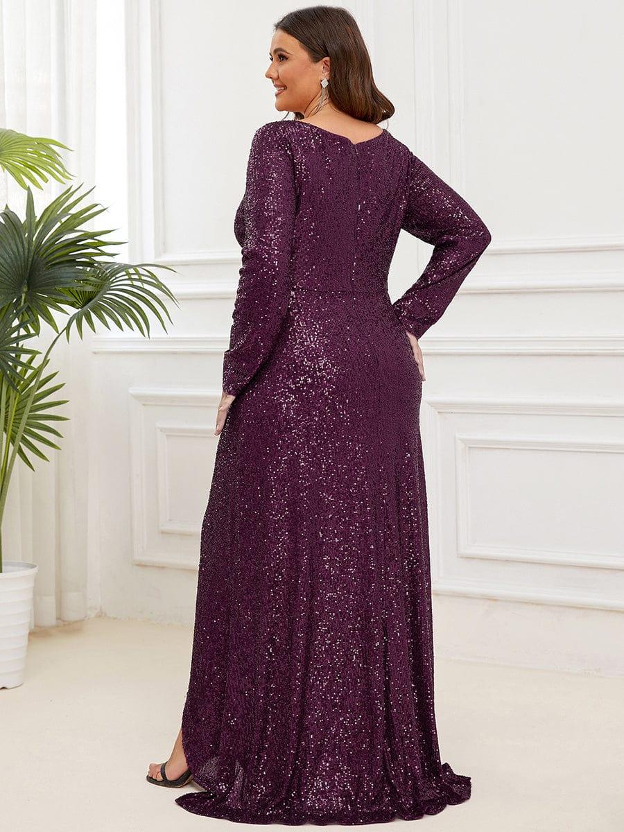 Elegant Plus Size Sequin V-Neck Evening Dress with Long Sleeves