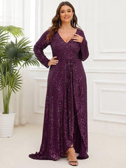 Elegant Plus Size Sequin V-Neck Evening Dress with Long Sleeves
