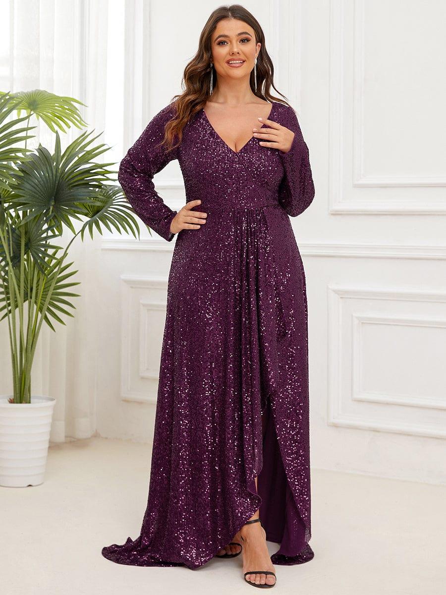 Elegant Plus Size Sequin V-Neck Evening Dress with Long Sleeves