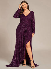 Elegant Plus Size Sequin V-Neck Evening Dress with Long Sleeves