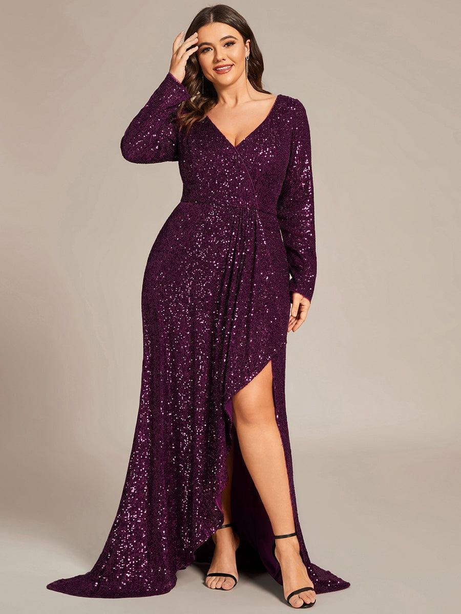 Elegant Plus Size Sequin V-Neck Evening Dress with Long Sleeves