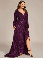Enchanting Sequin Long Sleeves V-Neck Evening Dress with Slit
