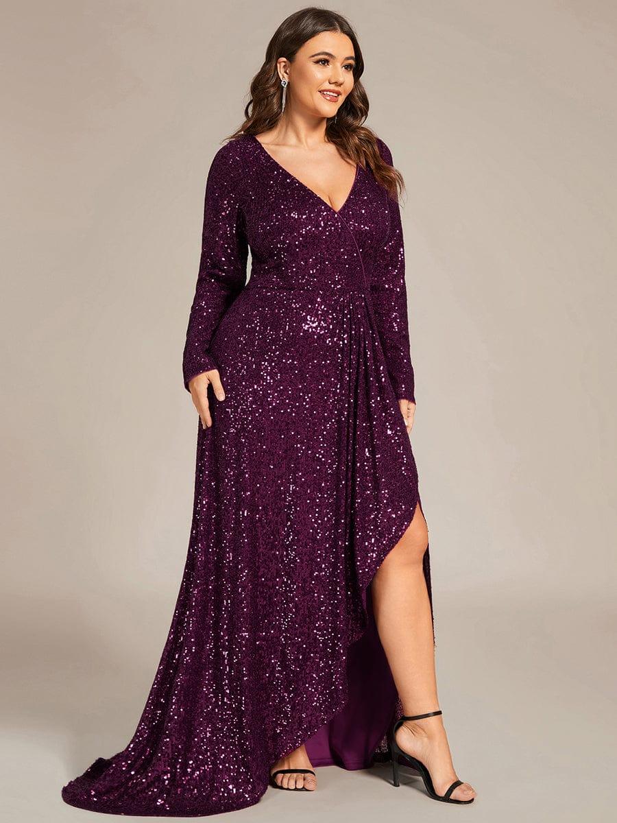 Enchanting Sequin Long Sleeves V-Neck Evening Dress with Slit