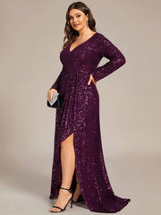 Elegant Plus Size Sequin V-Neck Evening Dress with Long Sleeves