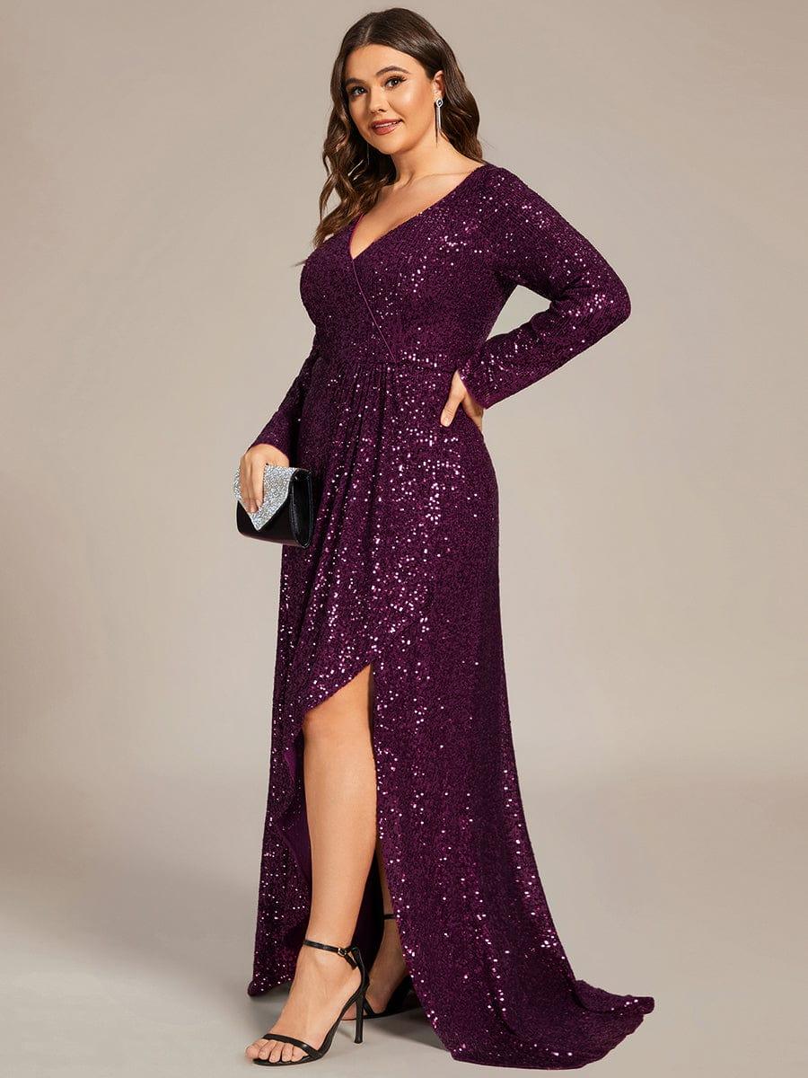 Elegant Plus Size Sequin V-Neck Evening Dress with Long Sleeves
