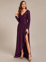 Enchanting Sequin Long Sleeves V-Neck Evening Dress with Slit