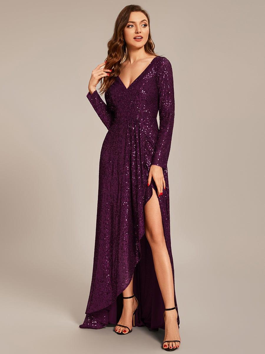 Enchanting Sequin Long Sleeves V-Neck Evening Dress with Slit