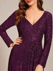 Enchanting Sequin Long Sleeves V-Neck Evening Dress with Slit