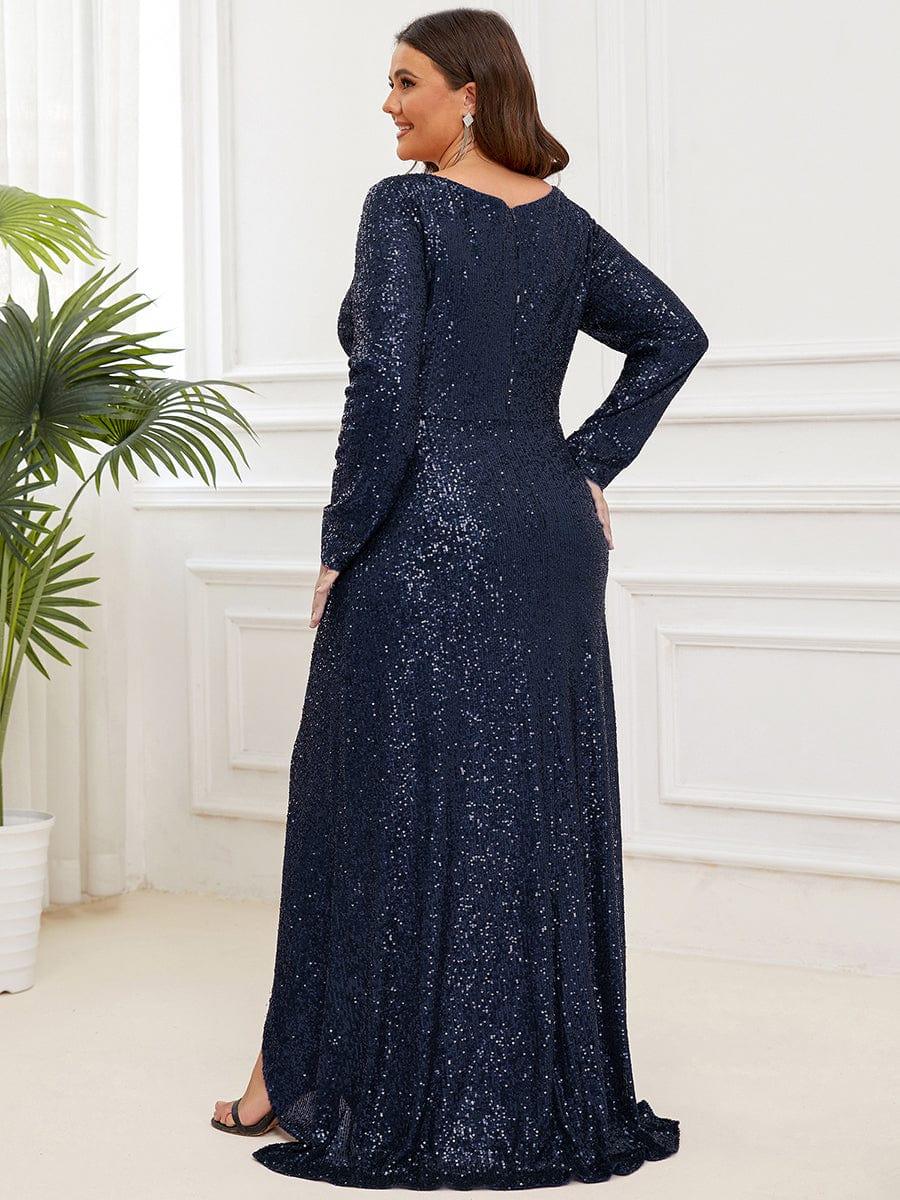 Elegant Plus Size Sequin V-Neck Evening Dress with Long Sleeves