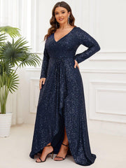 Elegant Plus Size Sequin V-Neck Evening Dress with Long Sleeves