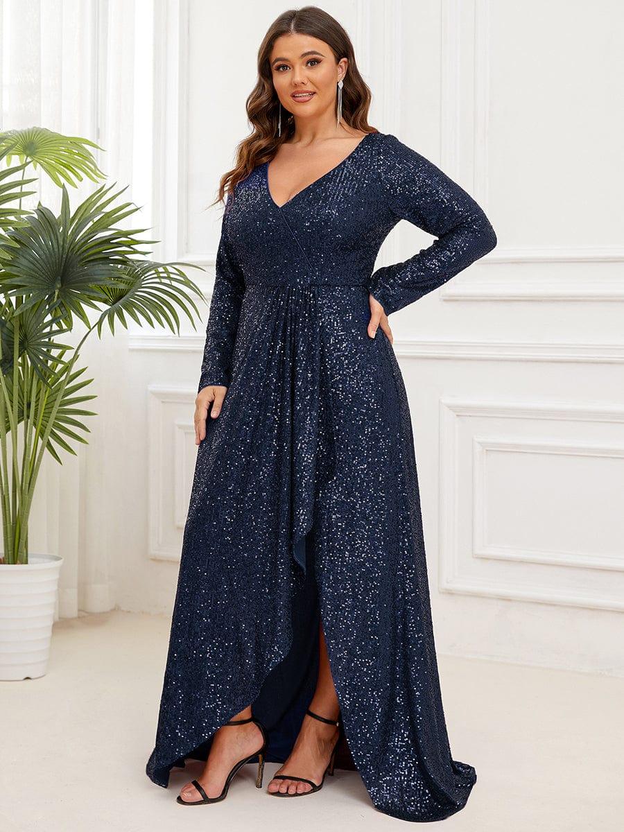 Elegant Plus Size Sequin V-Neck Evening Dress with Long Sleeves