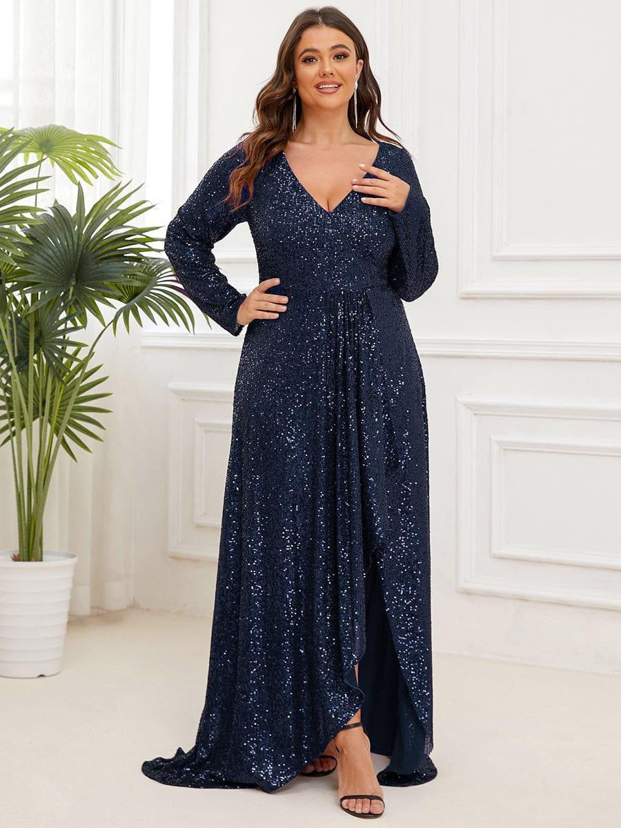 Elegant Plus Size Sequin V-Neck Evening Dress with Long Sleeves
