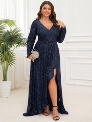 Elegant Plus Size Sequin V-Neck Evening Dress with Long Sleeves