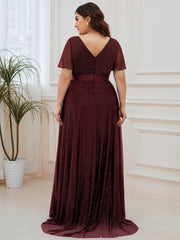 Sparkly A-Line Short Sleeves V-Neck Wedding Guest Dress