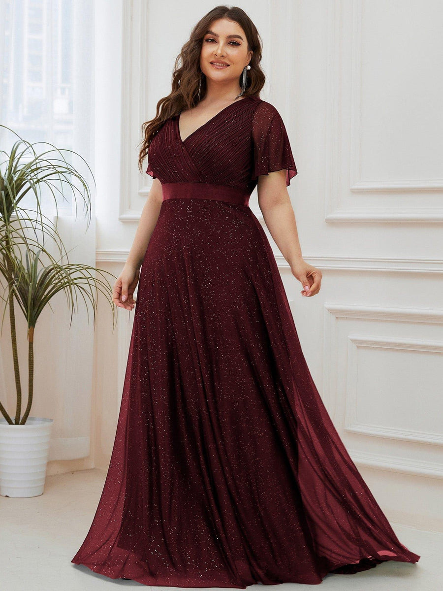 Classic Plus Size V-Neck A-Line Formal Evening Dress with Sash