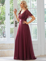 Fancy A-Line V-Neck Short Sleeves Bridesmaid Dress