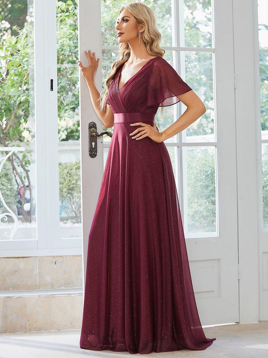 Sparkly A-Line Short Sleeves V-Neck Wedding Guest Dress
