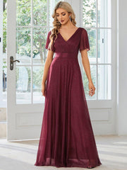 Fancy A-Line V-Neck Short Sleeves Bridesmaid Dress