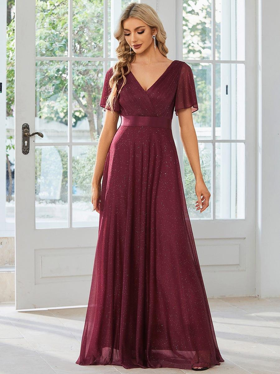 Sparkly A-Line Short Sleeves V-Neck Wedding Guest Dress