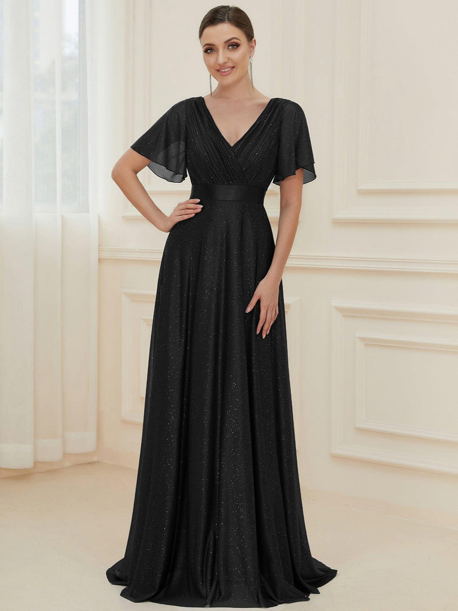 Sparkly A-Line Short Sleeves V-Neck Wedding Guest Dress