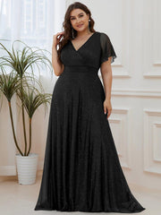 Classic Plus Size V-Neck A-Line Formal Evening Dress with Sash