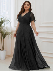 Classic Plus Size V-Neck A-Line Formal Evening Dress with Sash