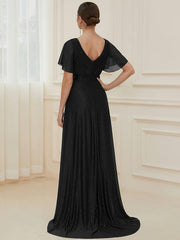 Fancy A-Line V-Neck Short Sleeves Bridesmaid Dress