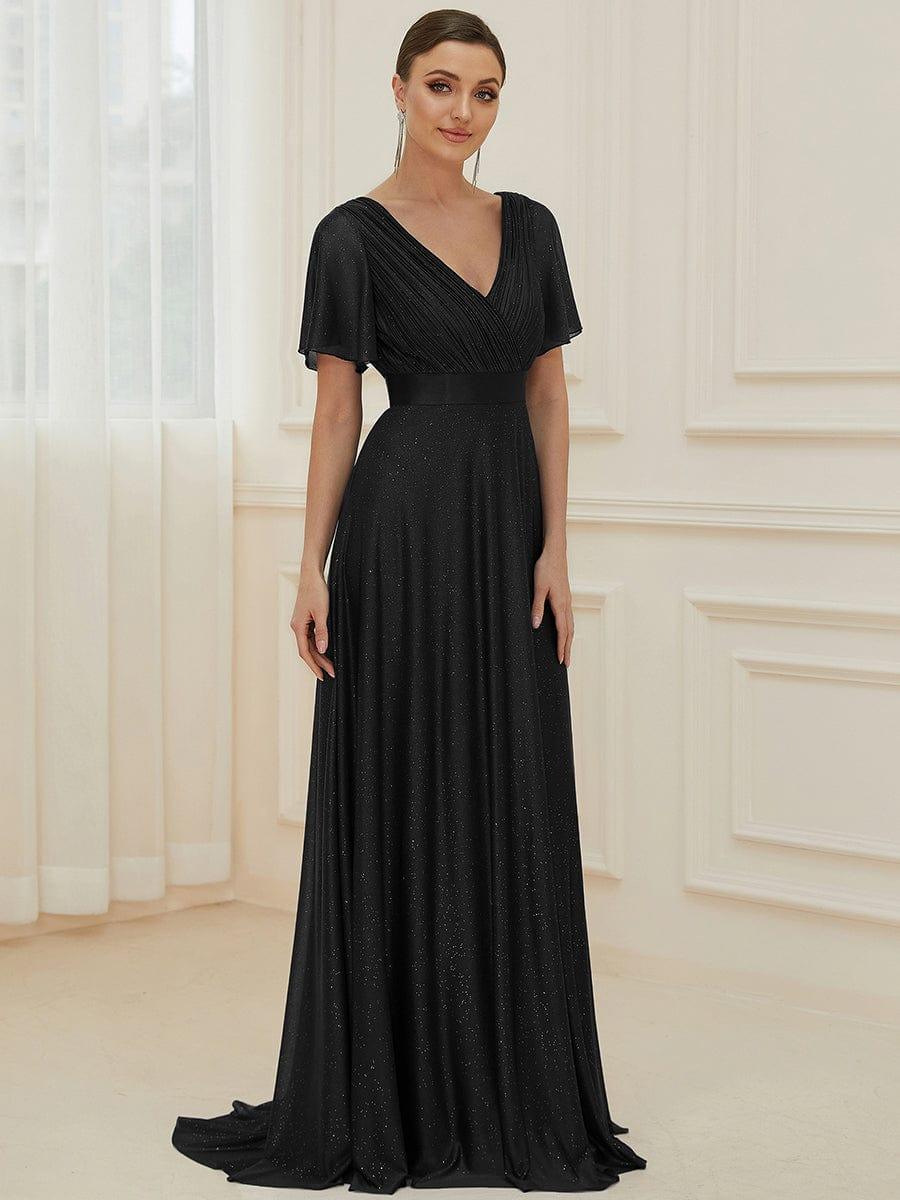 Sparkly A-Line Short Sleeves V-Neck Wedding Guest Dress