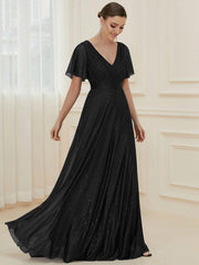 Fancy A-Line V-Neck Short Sleeves Bridesmaid Dress