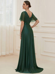 Sparkly A-Line Short Sleeves V-Neck Wedding Guest Dress