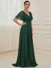 Fancy A-Line V-Neck Short Sleeves Bridesmaid Dress