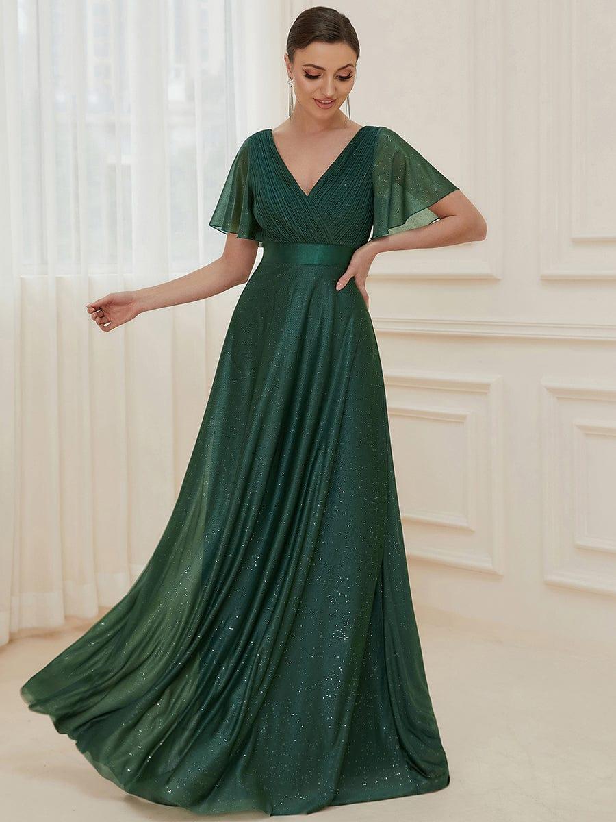 Sparkly A-Line Short Sleeves V-Neck Wedding Guest Dress
