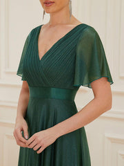 Sparkly A-Line Short Sleeves V-Neck Wedding Guest Dress