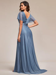Sparkly A-Line Short Sleeves V-Neck Wedding Guest Dress