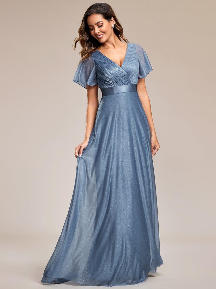 Sparkly A-Line Short Sleeves V-Neck Wedding Guest Dress