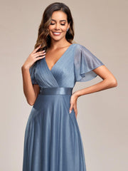 Sparkly A-Line Short Sleeves V-Neck Wedding Guest Dress