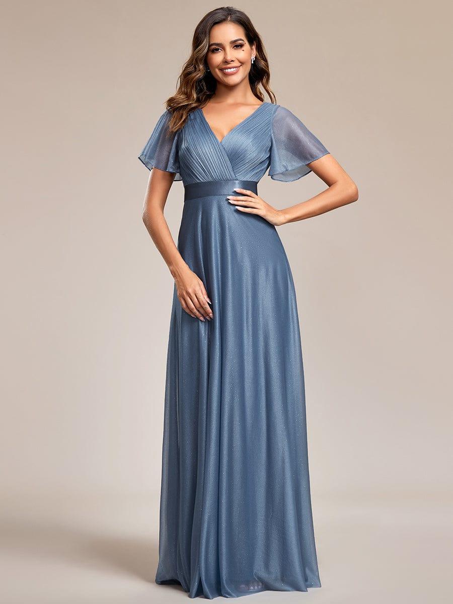 Sparkly A-Line Short Sleeves V-Neck Wedding Guest Dress