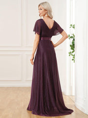 Fancy A-Line V-Neck Short Sleeves Bridesmaid Dress
