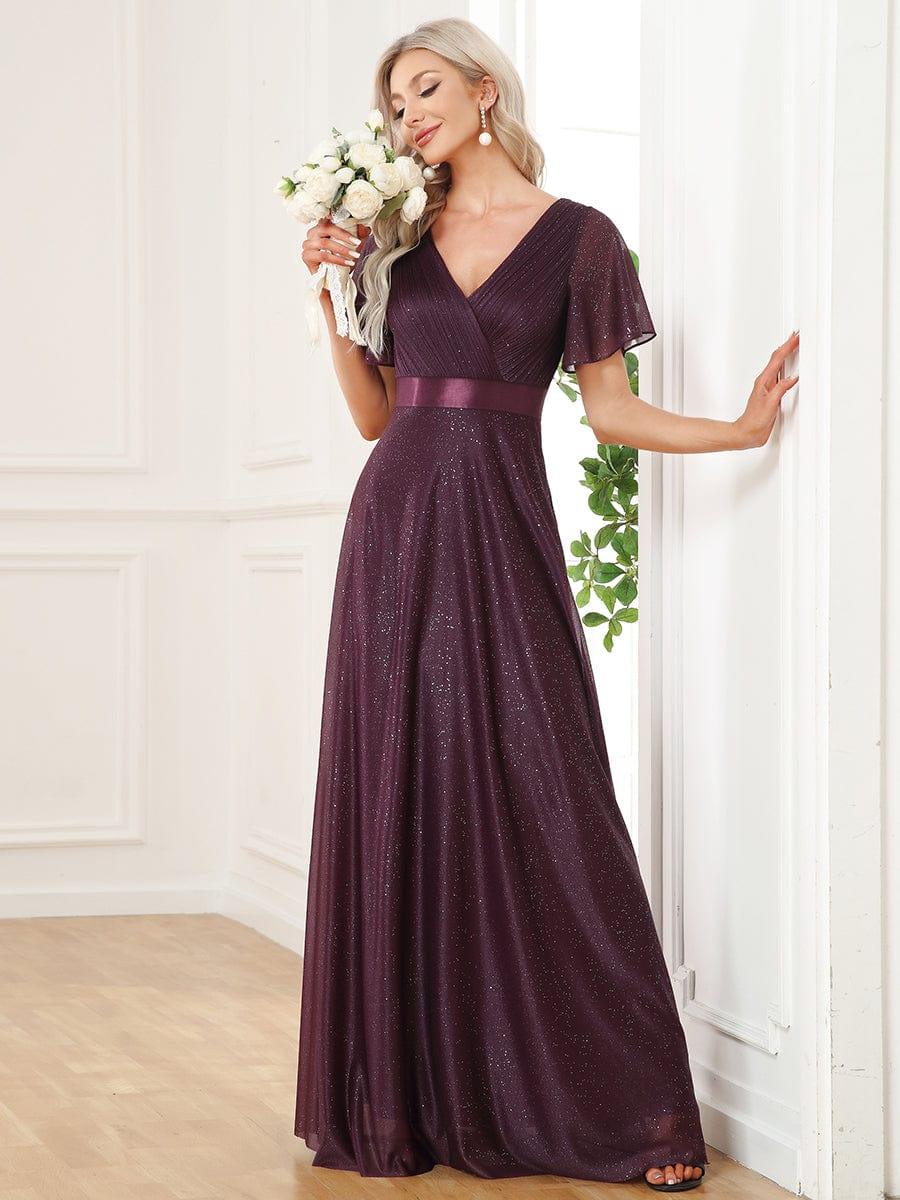 Sparkly A-Line Short Sleeves V-Neck Wedding Guest Dress