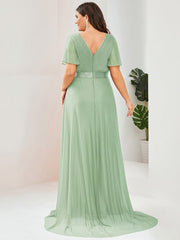 Classic Plus Size V-Neck A-Line Formal Evening Dress with Sash